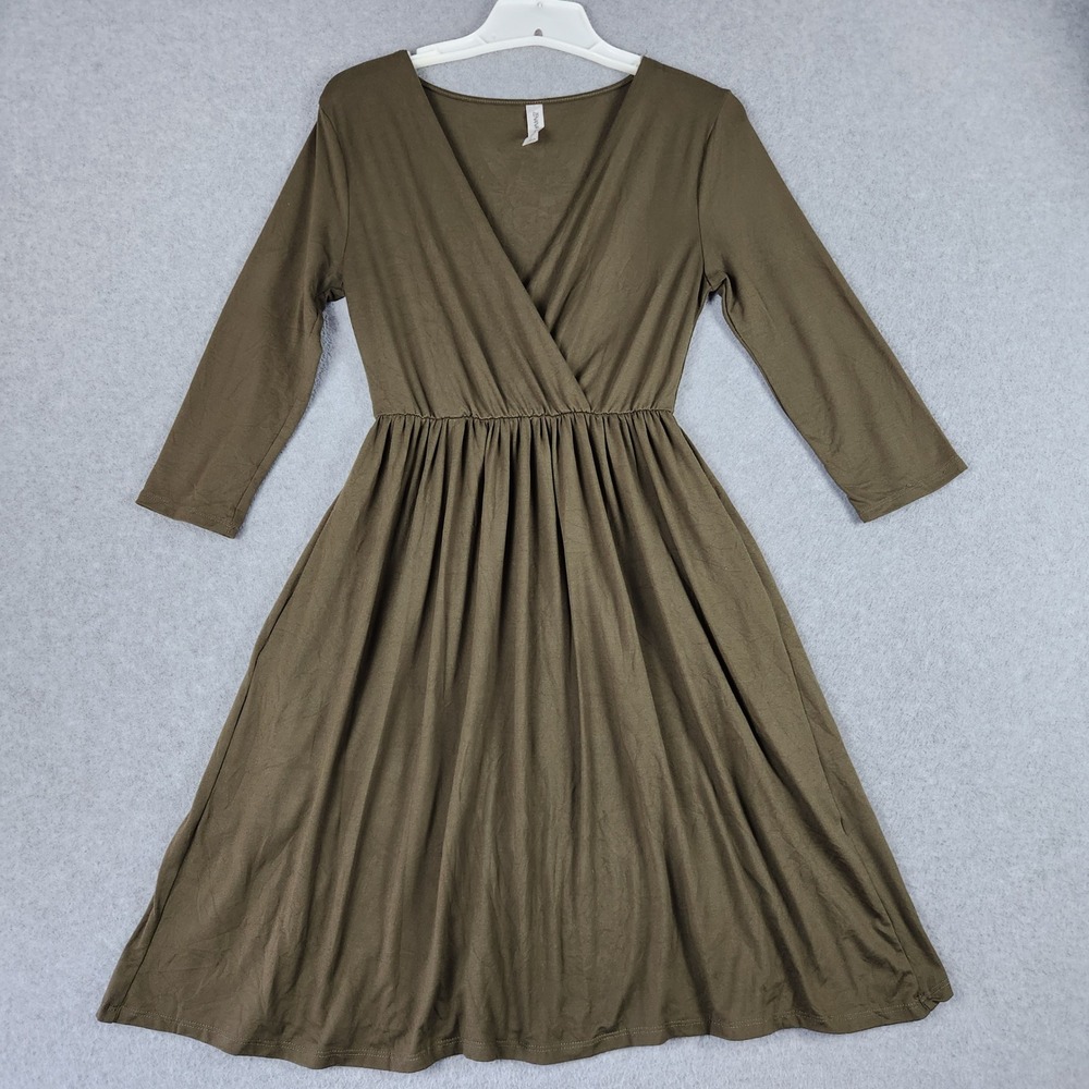 Zenana Outfitters Wrap Dress Womens Small Olive Green Boho V-Neck Everyday Wear